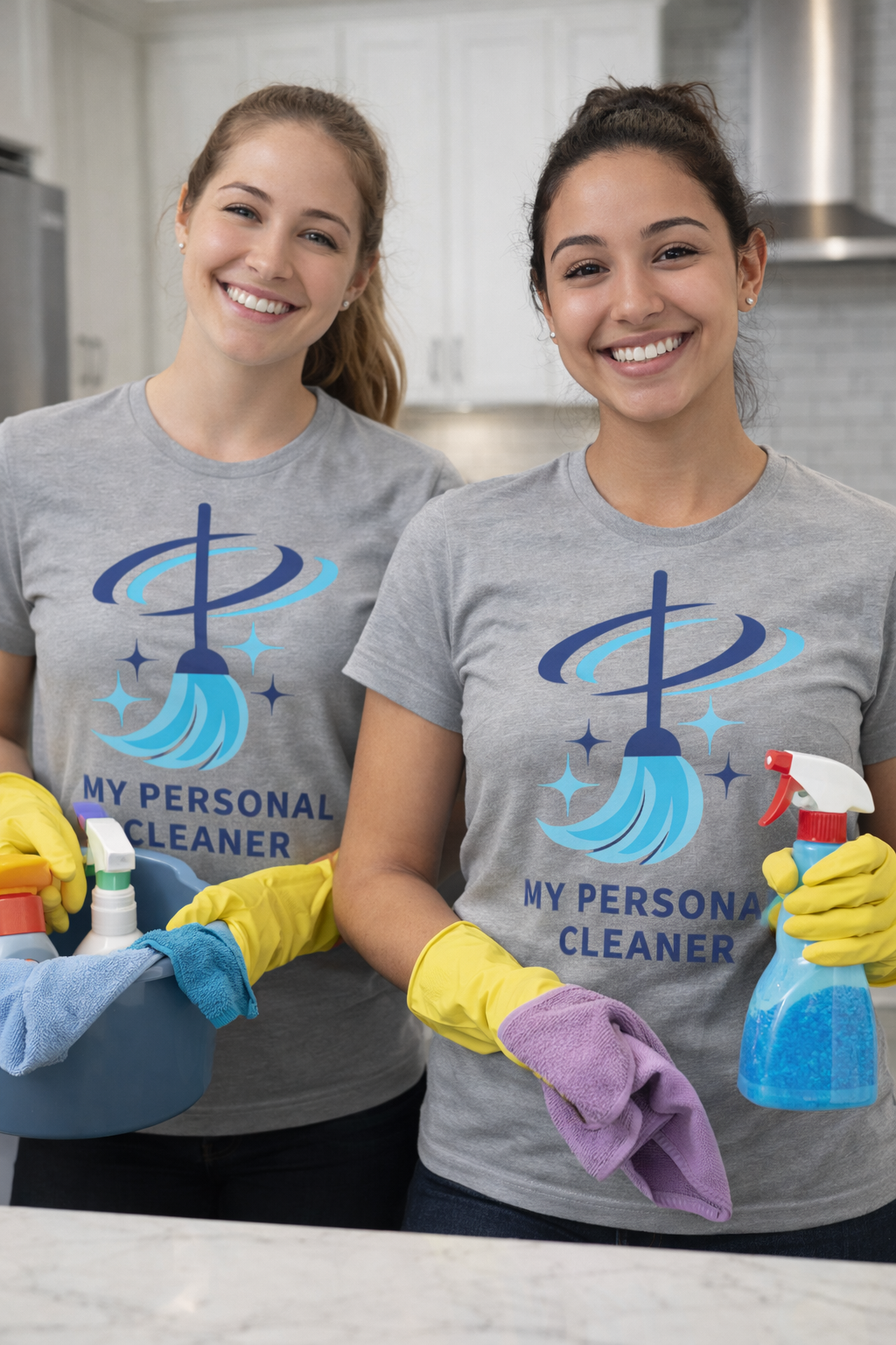 Two maids smiling while holding cleaning supplies and wearing a My Personal Cleaner t-shirt while in the kitchen of a home being cleaned